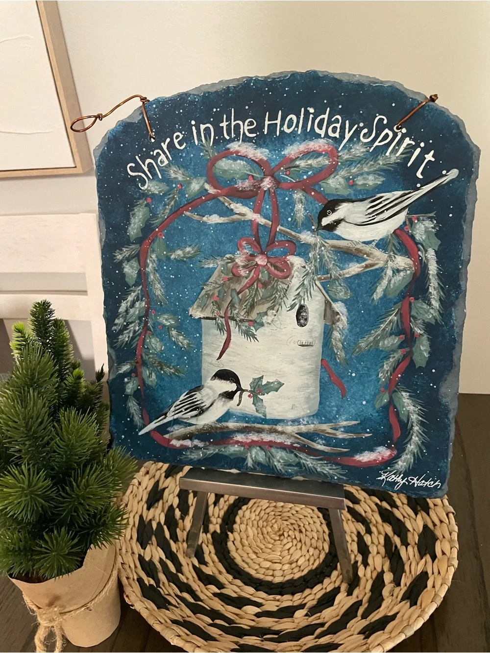 Holiday Slate Plaque Wall Art - Blue Birdhouse Design on slate